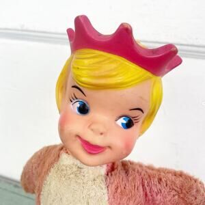 Vintage Rubber Face Blond Princess Queen Stuffed Doll Pink Crown Plush